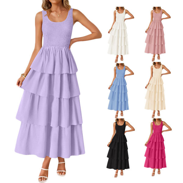 Cross-Border Foreign Trade Summer Sleeveless Mid-Length Dress with Large Round Neck and Ruffled Layered Dress Is a Hot Item on Amazon