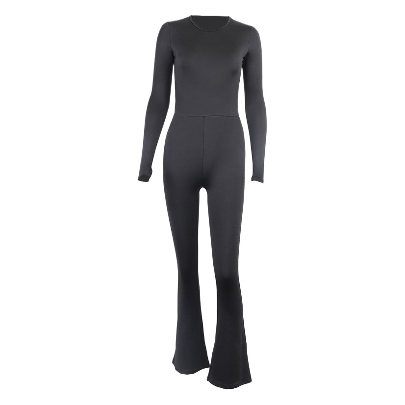 Estilo europeo y americano cuello redondo manga larga mono delgado sin espalda desgaste exterior bottoming pantalones de una sola pieza cadera de elevación cintura alta pantalones acampanados para las mujeres