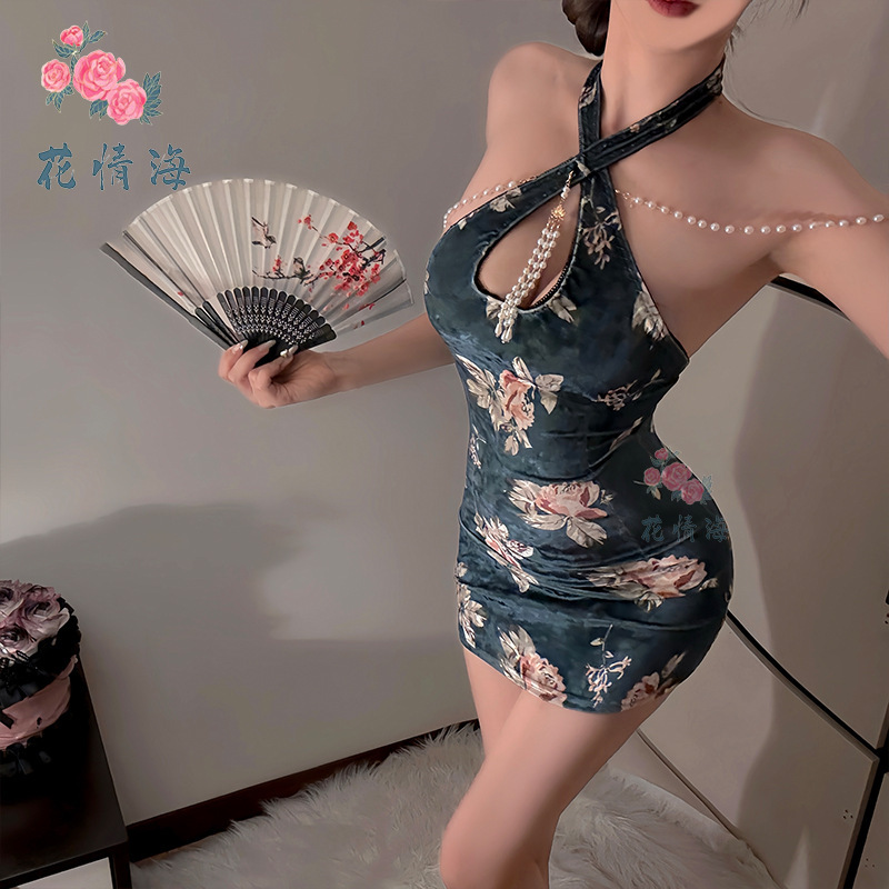 Floral Lingerie, Cheongsam Uniform, Republic of China Style Socialite Pearl Nightgown, Home Wear Bodycon Dress A991, One-Piece Wholesale