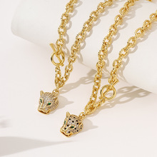外貿新品個性滿鑽豹子頭吊墜OT扣項鏈銅鍍18K金歐美時尚街頭項飾