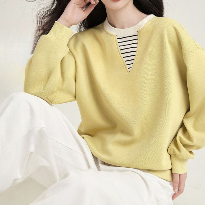Age-Reducing College Style Color-Blocked Top for Women, Early Spring New Versatile Comfortable Long-Staple Cotton Faux Two-Piece Round Neck Sweatshirt Age-Reducing College Style Color-Blocked Top for Women, Early Spring New Versatile Comfortable Long-Staple Cotton Faux Two-Piece Round Neck Sweatshirt