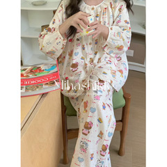 2025秋季新品双层纱布四季棉纱家居服简约圆领棉布花边睡衣少女