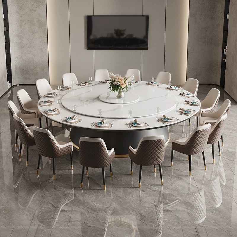Hotel Slate Electric Dining Table Large Round Table Hotel Living Room Restaurant Simple Light Luxury Round Induction Cooker Hot Pot Table