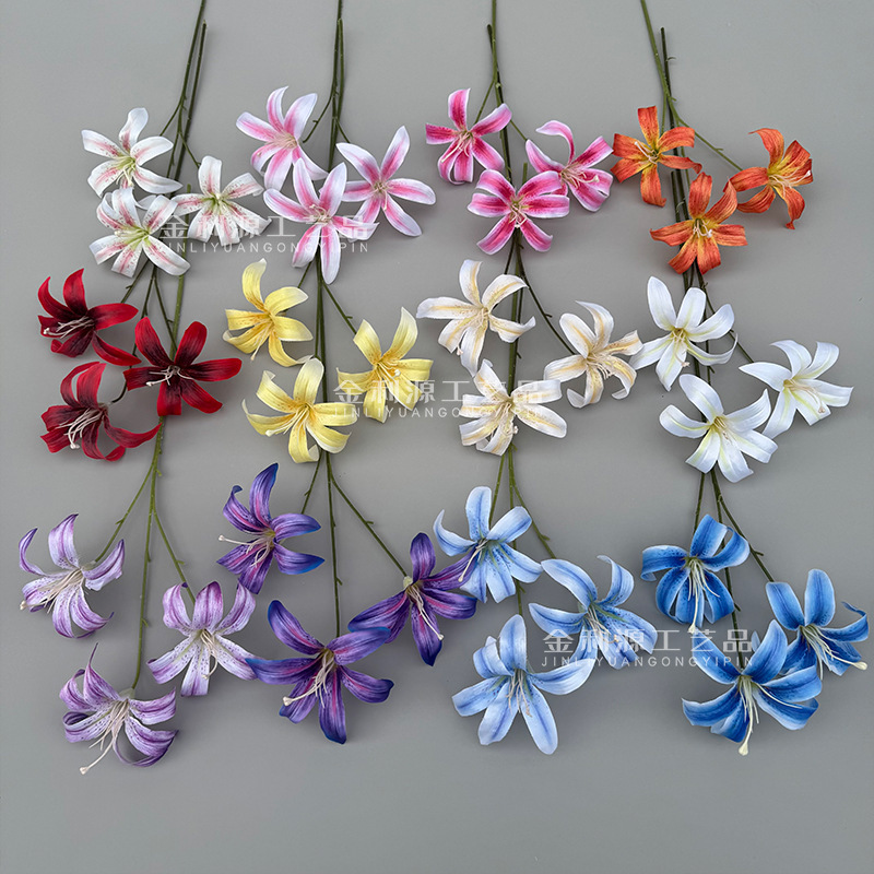 Source Factory 3D Printed Three-Headed Golden Lily Wedding Flower Wedding Hall Flower Arrangement Decoration Cross-Border Export Silk Flower