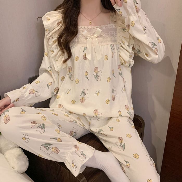 Al por mayor transfronterizo de otoño de mangas largas de encaje cuello cuadrado pijama de mujer dulce cómodo simple cubierta de ropa de algodón para el hogar