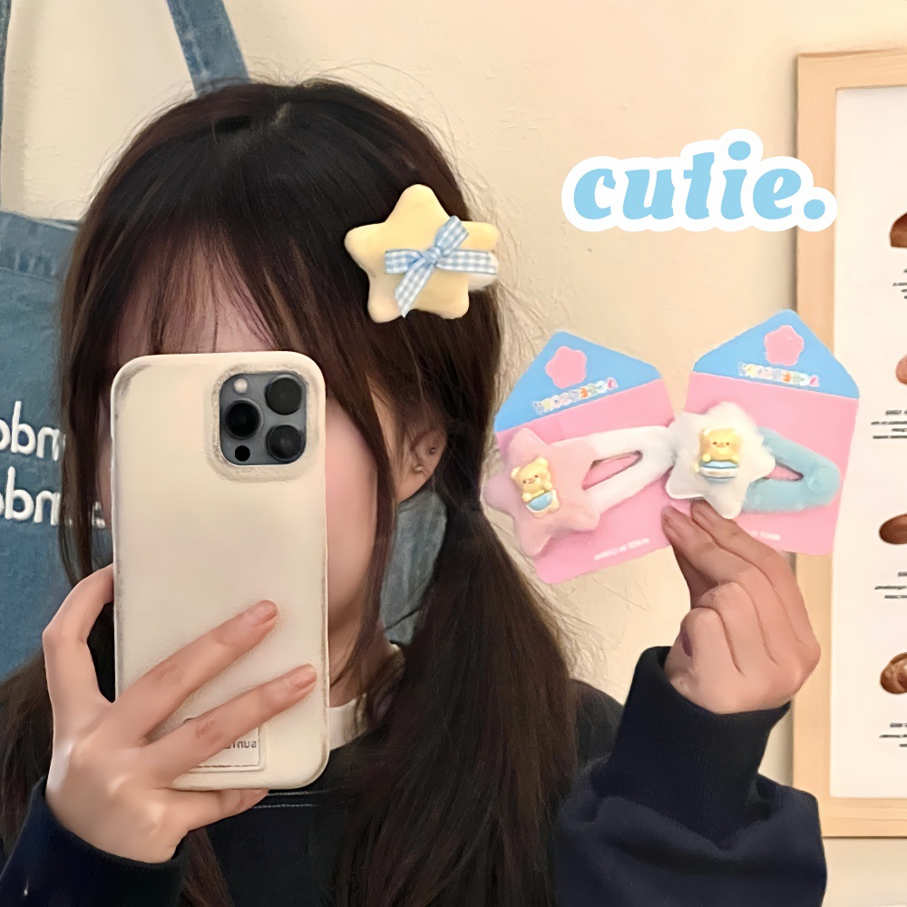 Primavera y verano lindas estrellas de peluche BB clips para niños dibujos animados joyeros para el cabello de la niña corazón de dopamina doble frangeo clip para el cabello roto