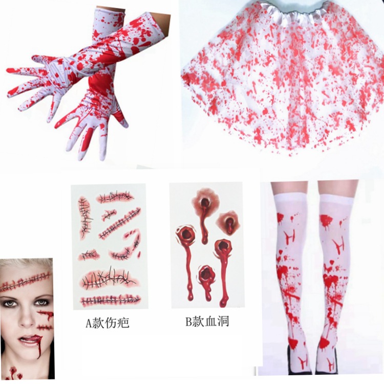 Conjunto de Halloween de comercio electrónico transfronterizo guantes de sangre guantes de calcetines de calcetín tatuaje pegatinas decoración de fiesta fantasma
