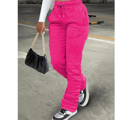 Women's European and American Fashion Sweatshirt Fabric Sports Casual Drawstring Pile Pants with Pockets