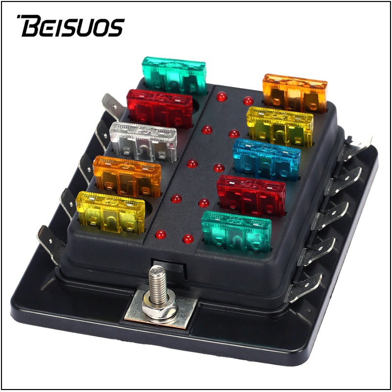 10路接插脚保险盒1进10出保险丝座带LED指示灯房车多路插片保护器