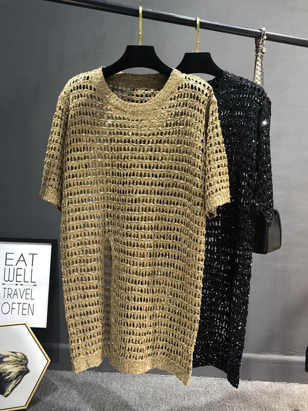 Middle-aged Women's Spring New Mid-length Sequin Knitted Sweater Open-cut Crochet Thin chubby girl dress