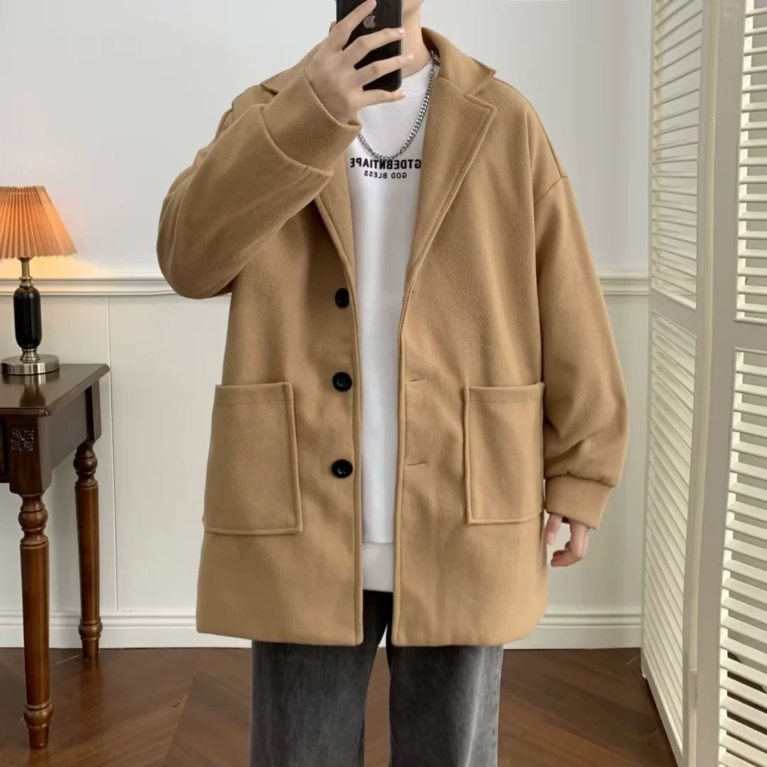 Ветровка мужская средняя длинная модель 2024 новый осенний зимний пальто шерстяной дизайн