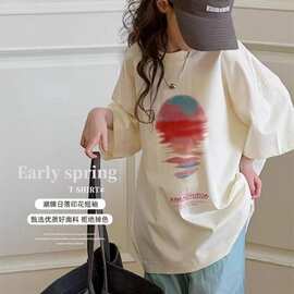 童装女童美式日落短袖T恤2024夏装新款儿童宽松复古体恤棉上衣