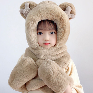Autumn and Winter Children's hat scarf integrated hat warm baby scarf boys and girls plush bear earmuffs cap pullover cap