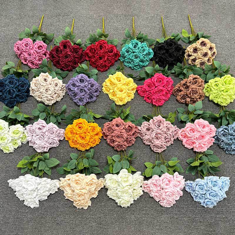 Cross-border 9 head diamond rose new simulation flower bride holding rose bouquet photography props home decoration flower