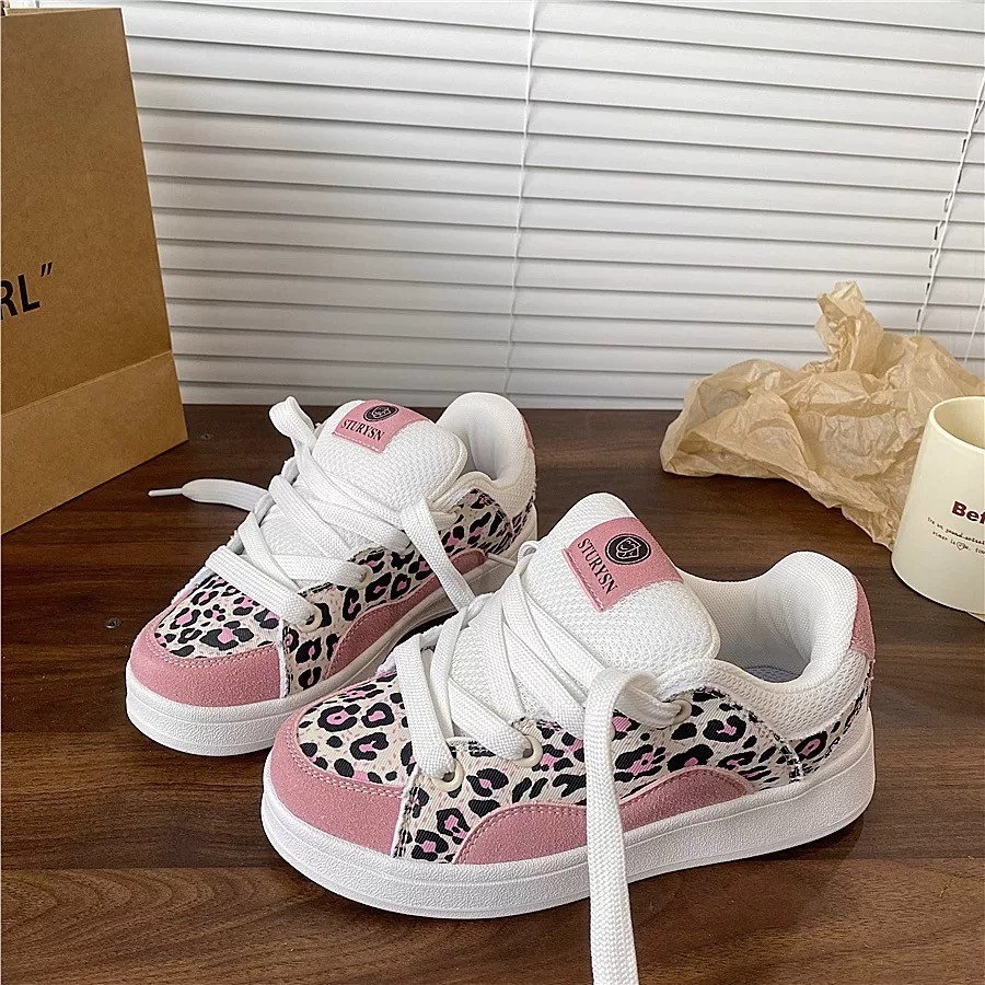 2026 primavera y otoño nuevo original azul de hielo leopardo zapatos de pan de suela gruesa estilo coreano versátil retro zapatos de skate casuales para estudiantes