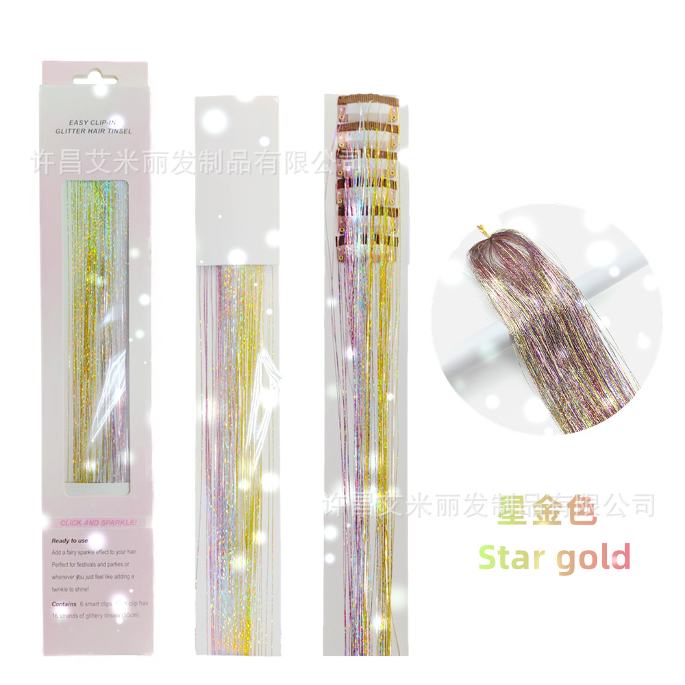 6 piezas de pelo de oropel láser de oro brillante colorido oro y plata caja de regalo BB clip sola tarjeta peluca pieza