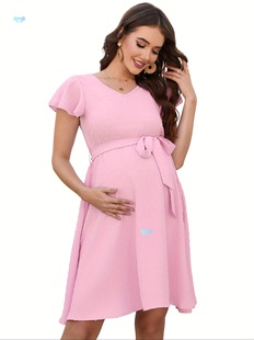 Women's Elegant V Neck Flying Sleeve Maternity Dress Soft