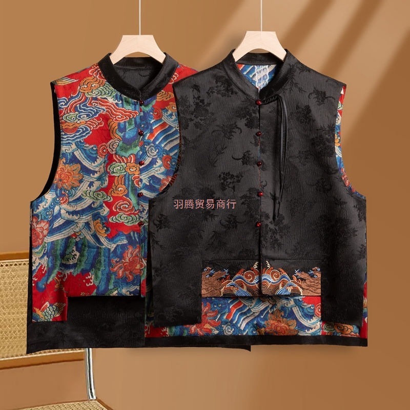 2024新款中式双面立领马甲国风外套盘扣提花刺绣复古民族风坎肩女