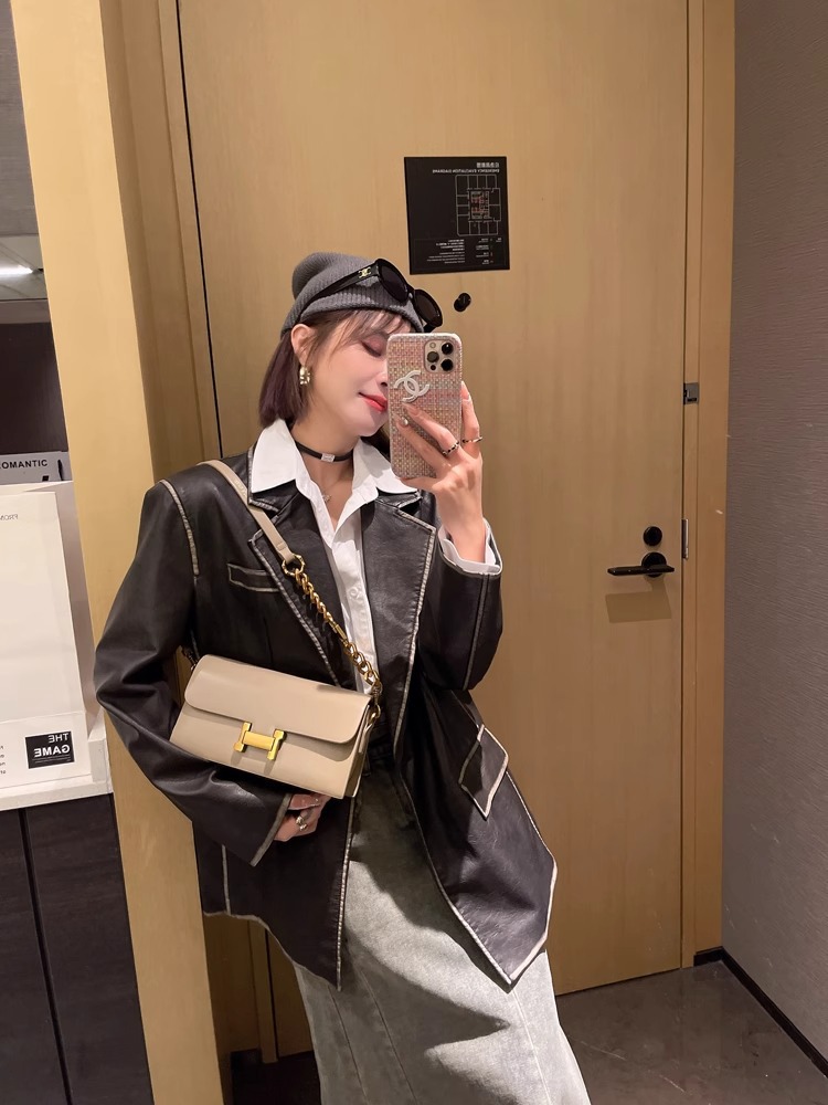 Túi đeo chéo nữ dáng baguette retro sang trọng, quai xích, phong cách thời thượng — Màu đen, Màu đỏ gốm, Màu mơ than chì, Ánh trăng trắng chi tiết 22