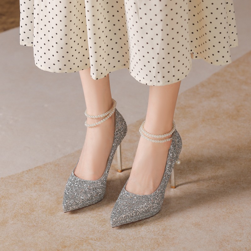 1089-60 Waterproof Platform Adult Ceremony Sequin Pearl Chain Bridal 2025 New Dress Bridesmaid Wedding Shoes_voghion.com