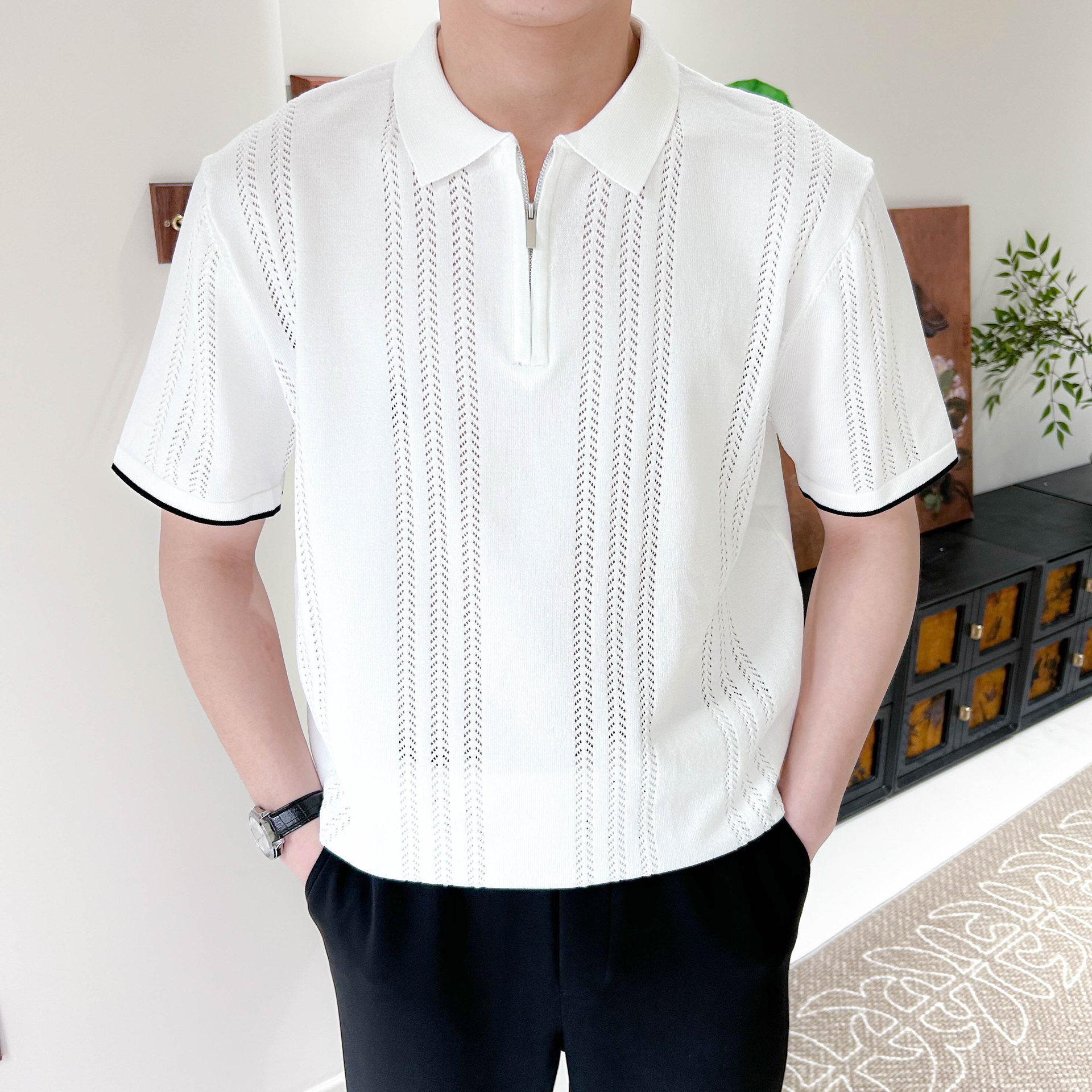 Polo camiseta de punto camiseta de manga corta hombre solapa medio cremallera hueso de pez hueco camiseta de hielo de verano fábrica transfronteriza al por mayor