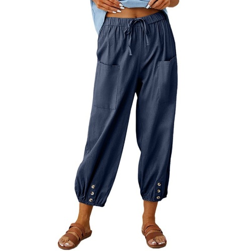 2025 European and American Amazon Wish Loose High-Waisted Buttoned Cotton Linen Pants Short Length Wide Leg Women's Pants