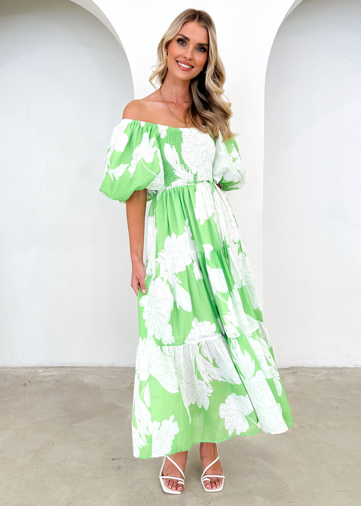 266g Weight Maxi Long Dress Dress Length Type Short Sleeve Sleeve Length Swing Dress Dresses Type Puff Sleeve Sleeve Type Polyester Fabric Type High Waist Waist Line Holiday, Daily Occasion Off Shoulder Neckline Slim Fit Type Flower Pattern Spring Season Women's Gender Printing Design Elegant, Pastoral Style Wholesale Women's Elegant Pastoral Printing Flower Holiday Daily Off Shoulder Short Sleeve Swing Dress 11