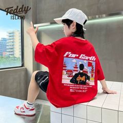 Men's Summer Short Sleeve T-Shirt with Front and Back Prints, New Loose Fit for Middle and Big Children, Boy Summer Stylish Cotton Top