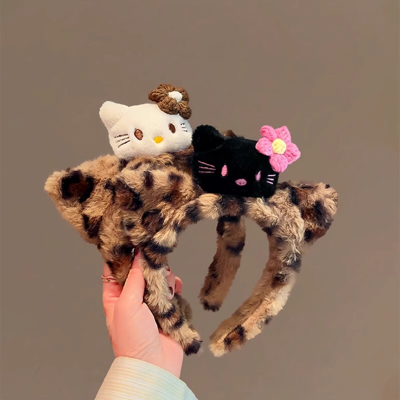 Cat Head Leopard Print Hair Band Special Hair Band for Face Wash Women's Autumn and Winter Hair Band Hair Strap Hair Accessories New Style Bear Plush Headwear