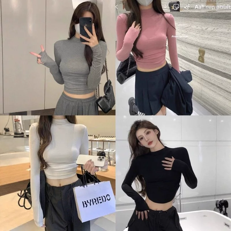 Autumn solid sexy short body-friendly long-sleeve, high collar, tight