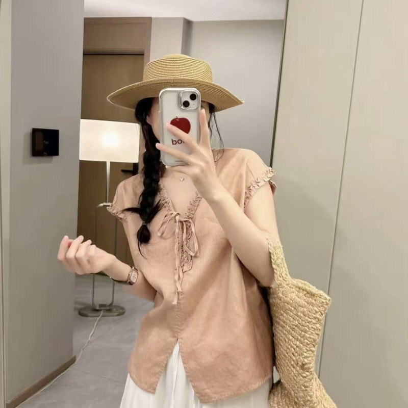 Cotton and linen summer new V-neck tie-neck ruffled collar loose slimming versatile thin women's short-sleeve top Cotton and linen summer new V-neck tie-neck ruffled collar loose slimming versatile thin women's short-sleeve top