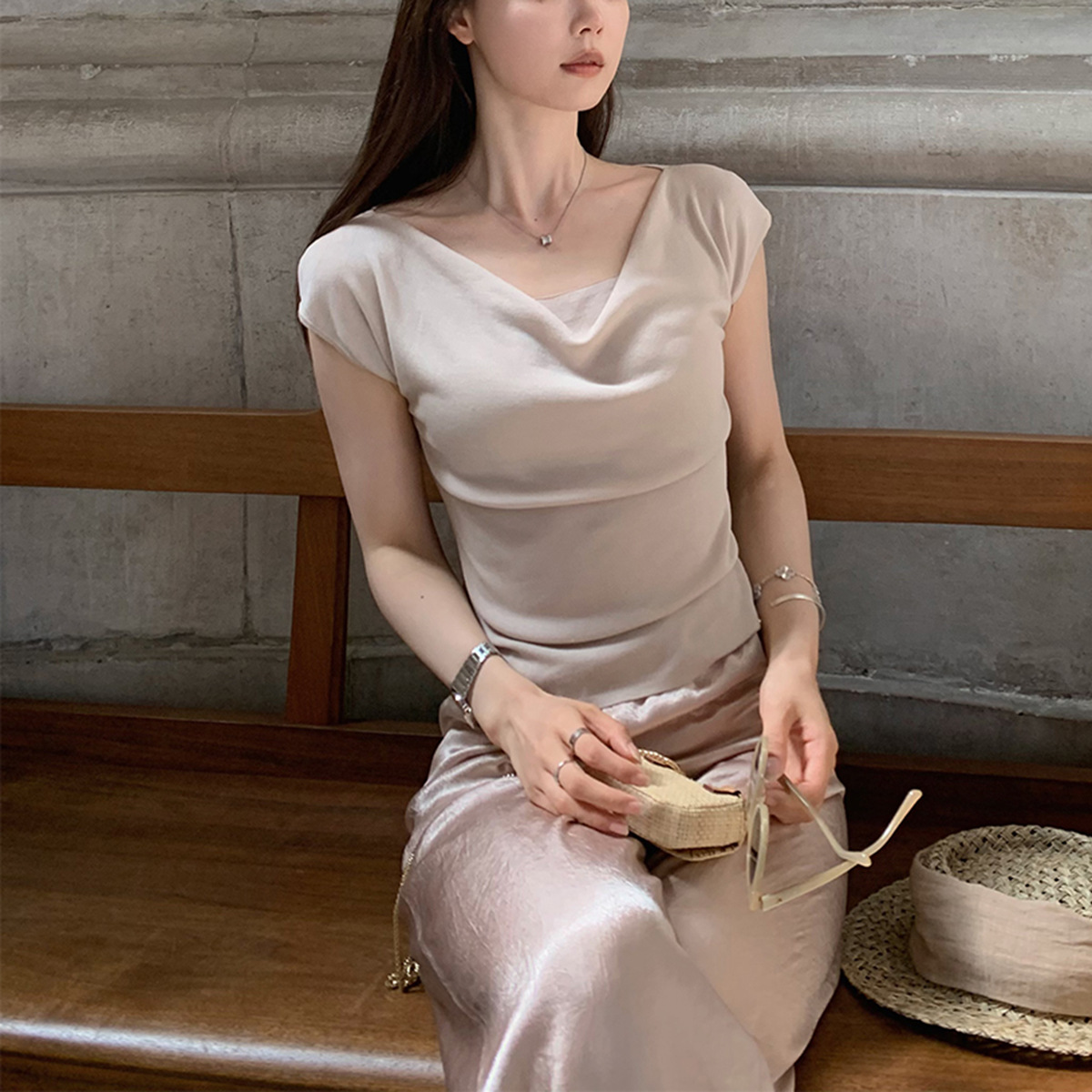现货 中古香颂～天丝蚕桑丝荡领小针织 5色短袖上衣女设计感小众