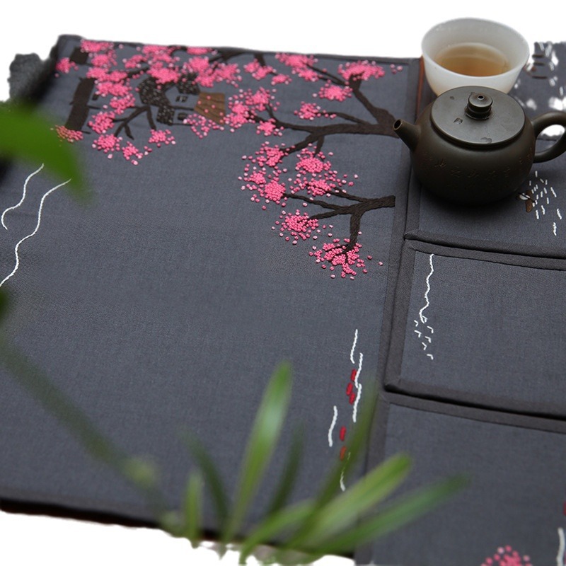 Bordado DIY paquete de material estera de té de cuatro piezas hecho a mano Lu bordado conejo Flor de melocotón bolsa de costura sala de estar estera de té montaña