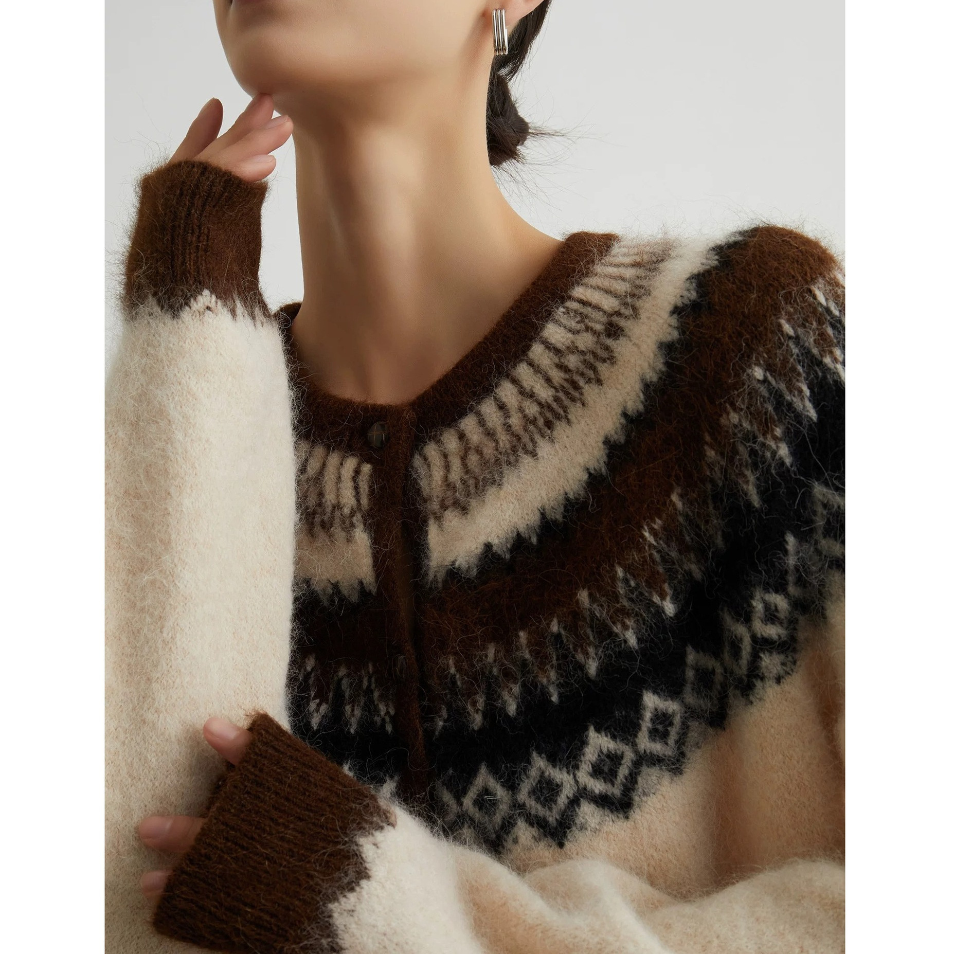 Lazy Style Fair Isle Soft Waxy Sweater Women's Soft Waxy Mohair Unique Knitted Cardigan Jacket 2025 Autumn and Winter