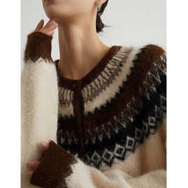 慵懒风费尔岛软糯毛衣女软糯马海毛独特针织开衫外套2025秋冬季