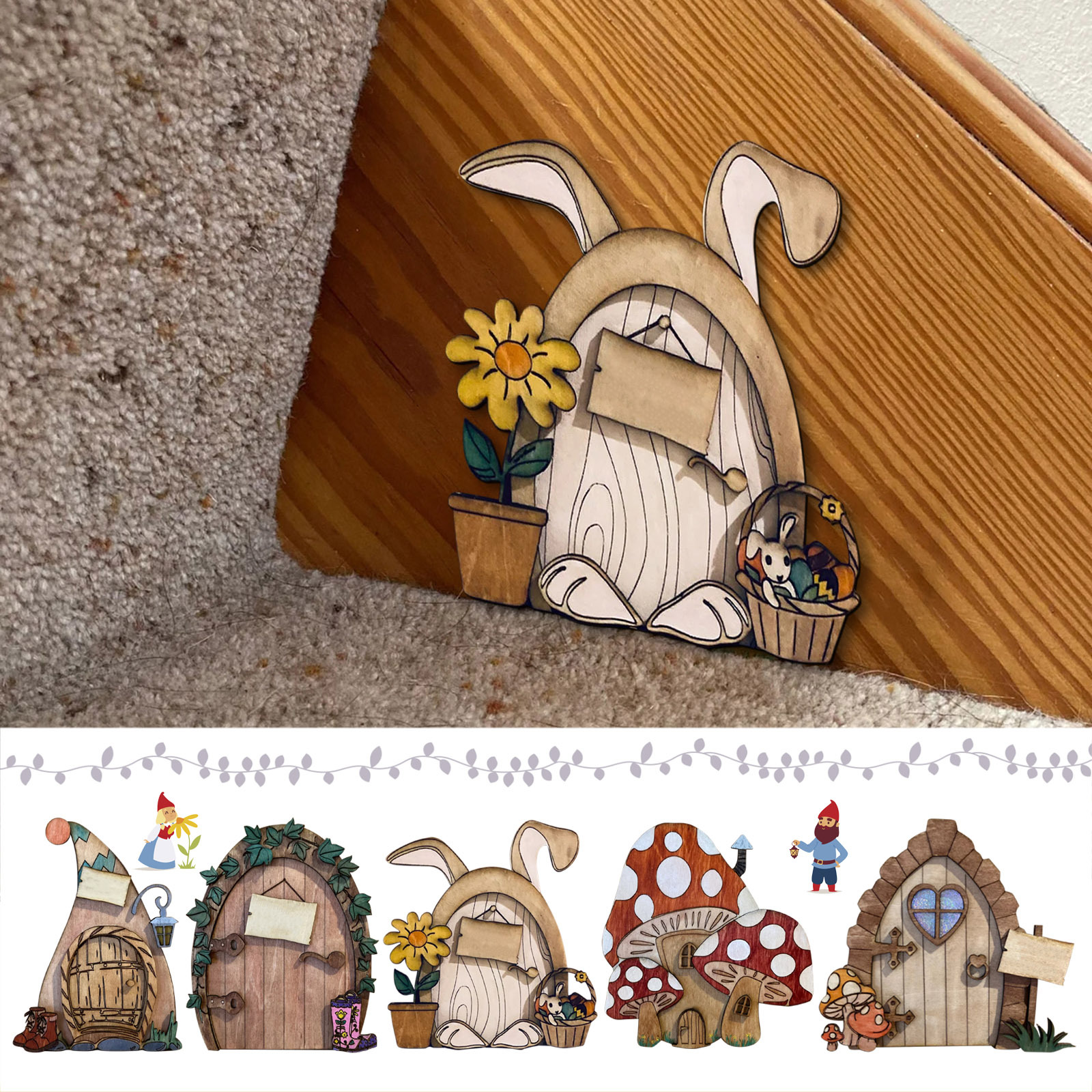 2023亚马逊新款精灵童话门木制工艺摆件复活节兔子童话门平面装饰