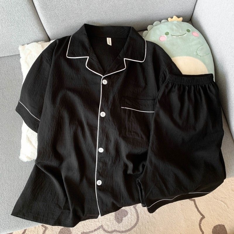 Verano hombre nube algodón doble corto dos piezas juego de pijamas simple color sólido con la solapa Cardigan ropa de hogar se puede usar fuera delgada