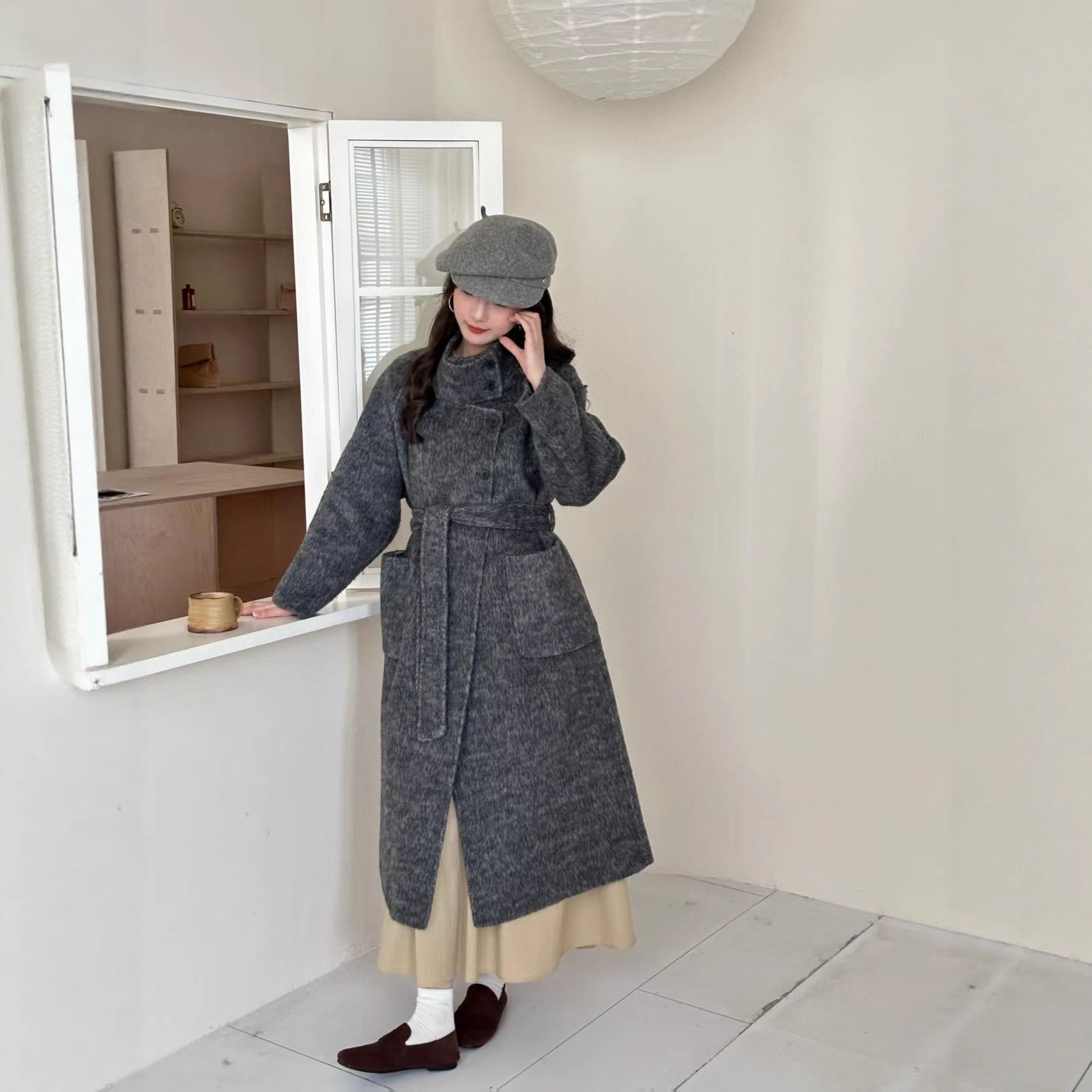 Autumn and Winter Korean Style Fashionable and Elegant Double-Sided Wool Coat for Women with Stand Collar, Suli Woolen Long Coat for Women