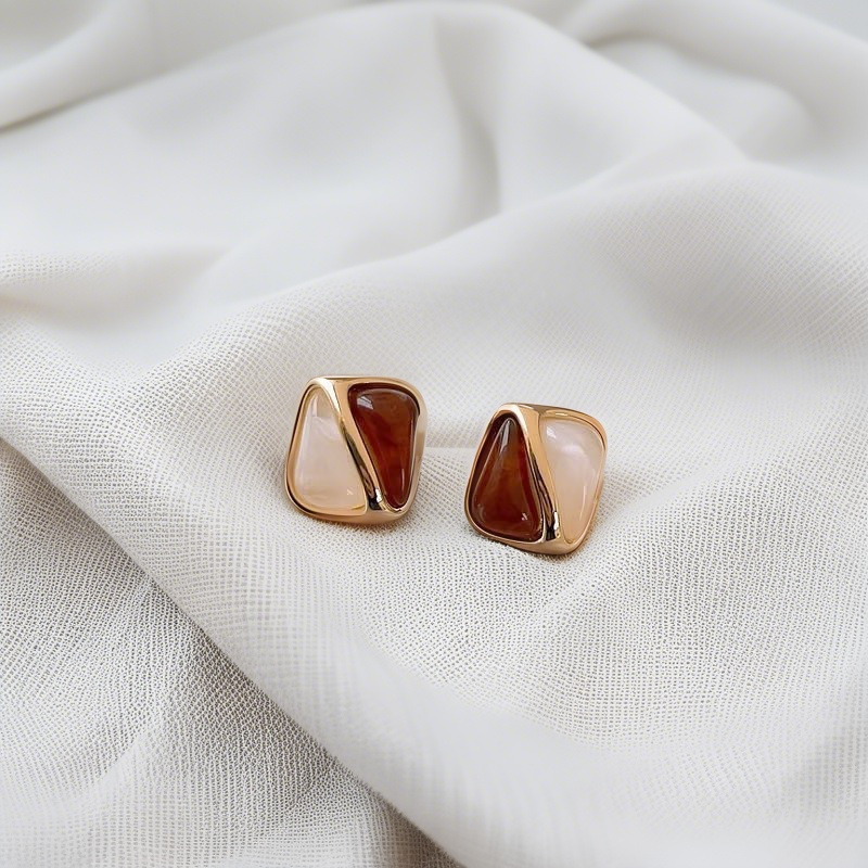 Pendientes de ojo de tigre de color de contraste de estilo retro Maillard coreano Pendientes de color café cuadrado de temperamento de diseño de nicho