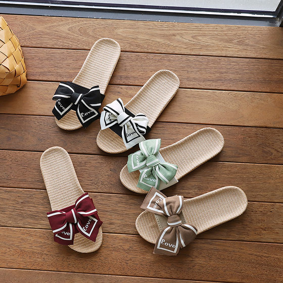 Cross-border 2024 New Summer Linen Women's Korean-style Internet-famous Soft Bottom Outer Wear Bow Non-slip Home Slippers