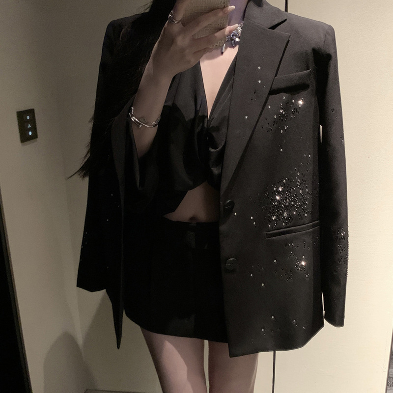 2026 Autumn Collection: Exquisitely Embellished with Diamonds, Elegant Socialite Style, Sexy Deep V Acetate Waist-Cinching Blazer Suit 1803