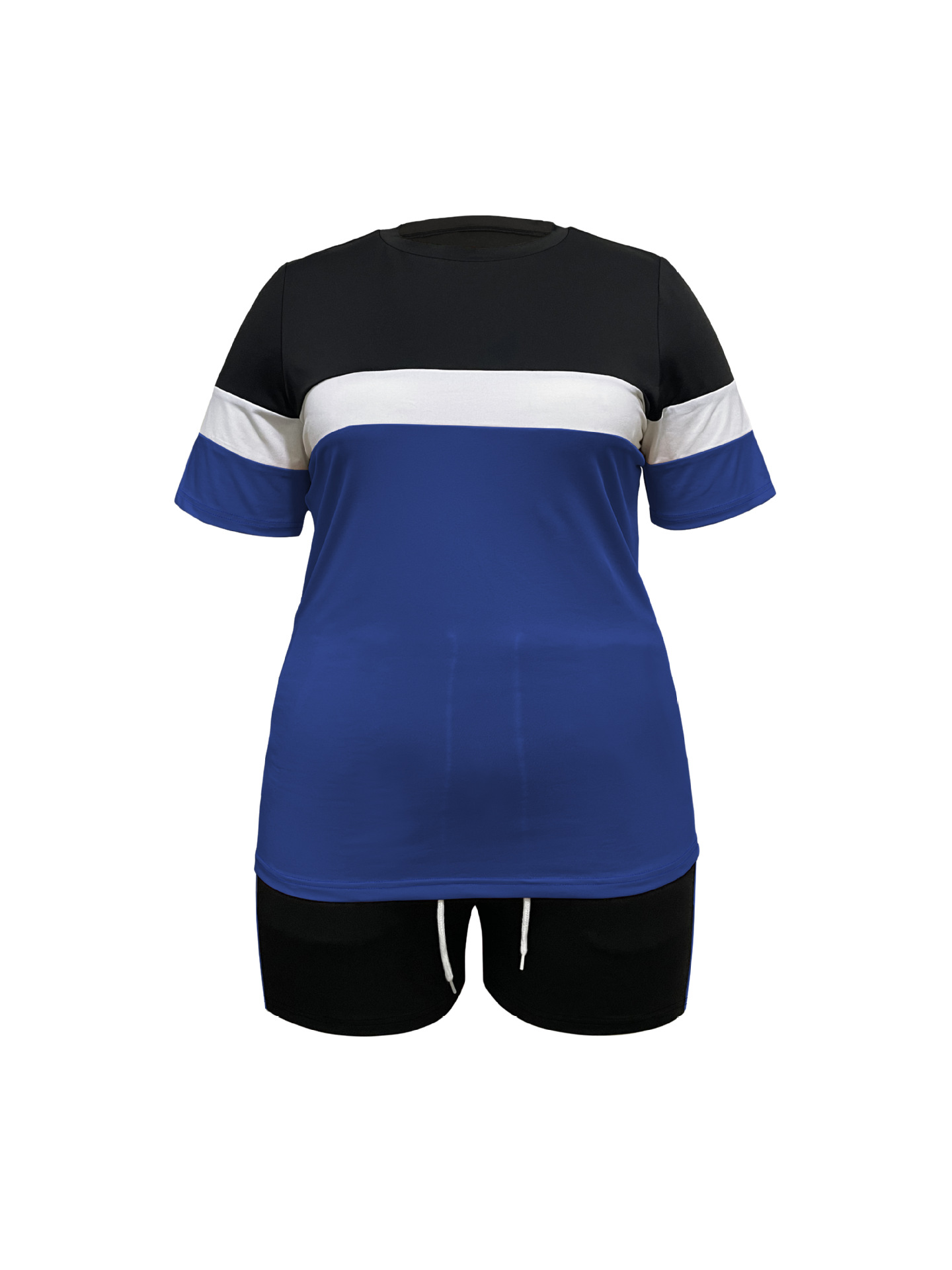 Women's Summer Sportswear Set Fashionable Color Block Crew Neck Short Sleeve T-Shirt Drawstring Shorts 2 Piece Outfit_ecoleips.com