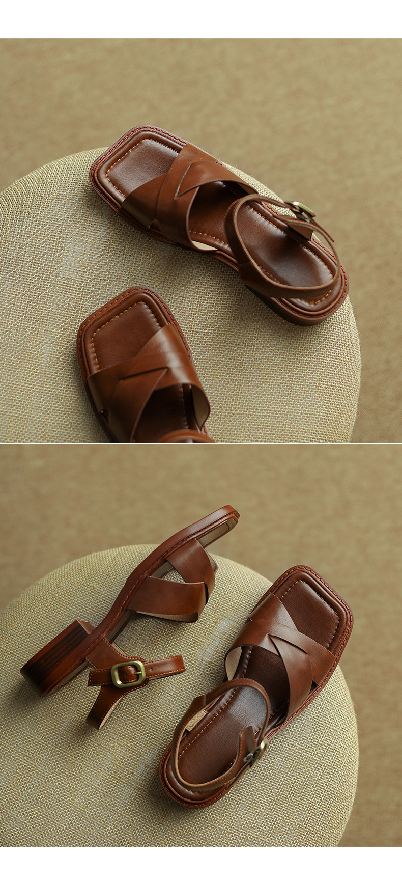 Sandal hở mũi nữ gót thấp quai ngang kiểu La Mã, size lớn 34–41 — nâu chi tiết 9