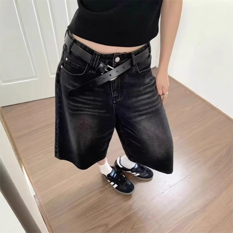 American Black Denim Capri Pants Women's Summer Retro Pants Loose Pants Straight Pants plus size Shorts Fried