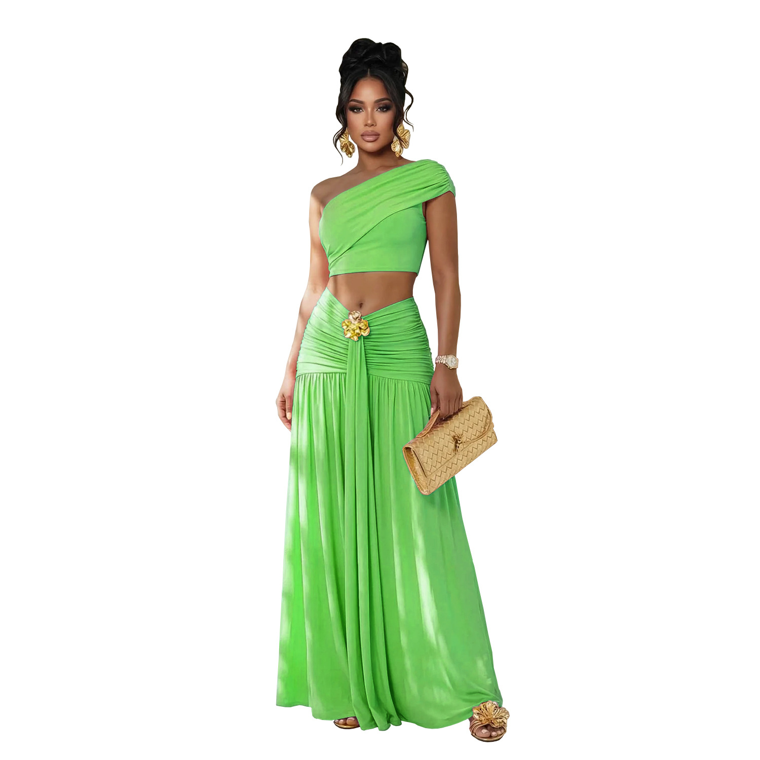 C7675 Aliexpress transfronterizo Amazon Europa y América moda de mujer sexy hombro inclinado blusa de ombligo vestido de traso conjunto