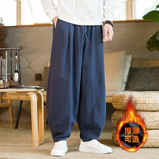 Winter fleece-lined padded straight Haren pants black Chinese style cotton and linen bloomers vintage pants a generation of hair