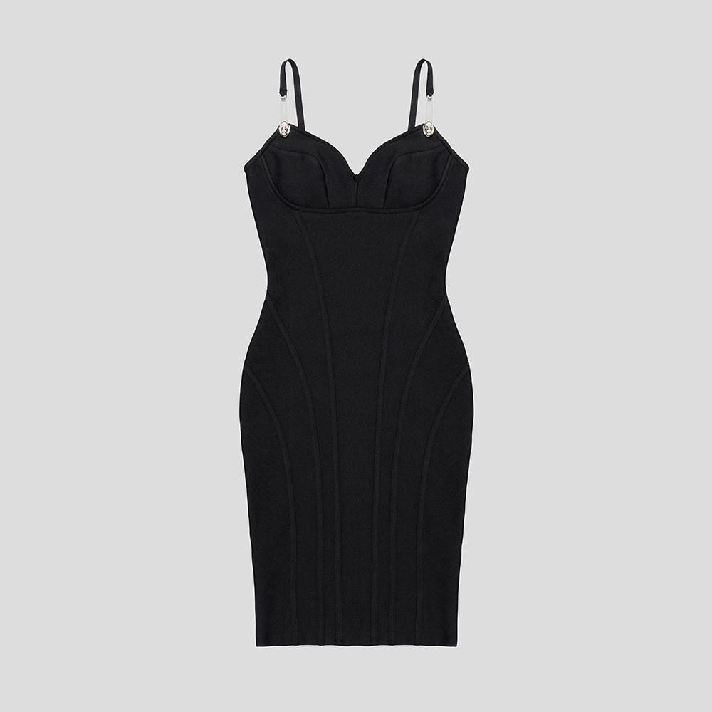 Summer Black V Neck Skull Pin Suspender Slimming Bandage Hip Dress Women Clothing