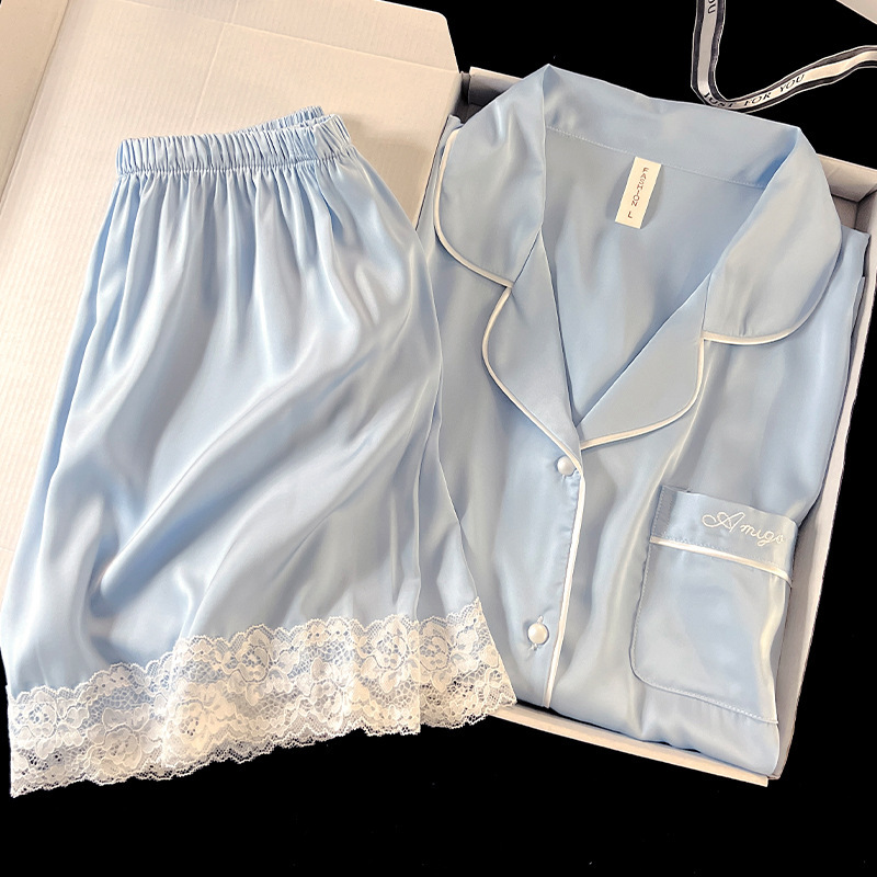 Ice Silk Pajamas Women's Summer Thin Small Lapel Sweet Cute Solid Color High-end Home Clothes Ice Silk Two-piece Set