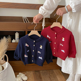 Dianxi 2025 New Autum Style Infant Puppy Embroidered Knitted Jacket Baby Fashionable Versatile Cartoon Knitted Knitwear