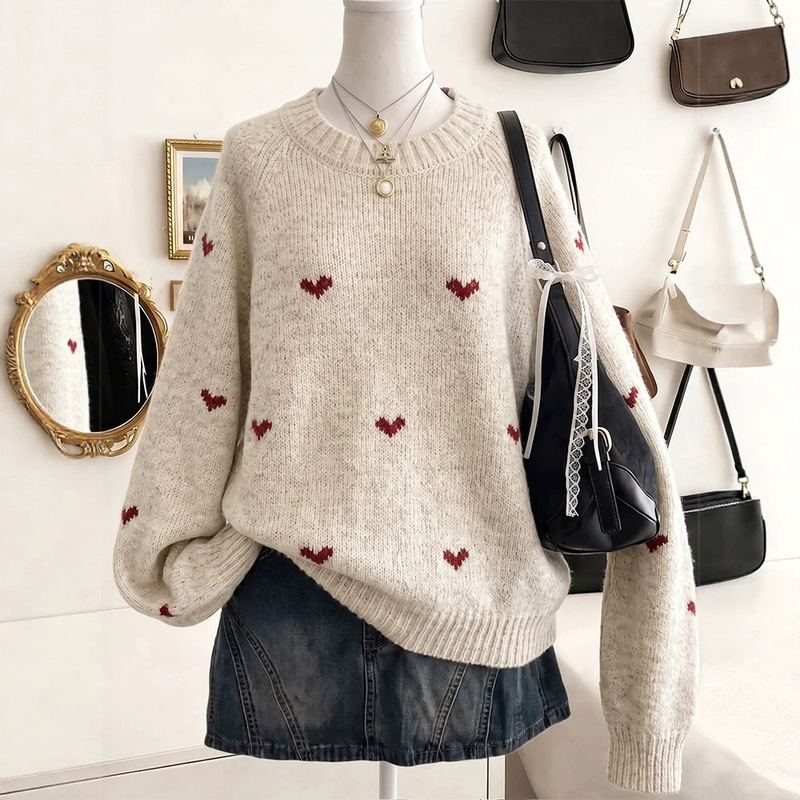 Independent Cross-Border Platform 2026 Autumn and Winter New Products European and American Women's Comfortable Heart-Patterned Long-Sleeve Pullover Sweater